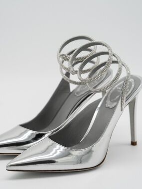 37.5 7.5 US Rene Caovilla Cleo Silver Sandals Heels 105 Patent Leather Crystals